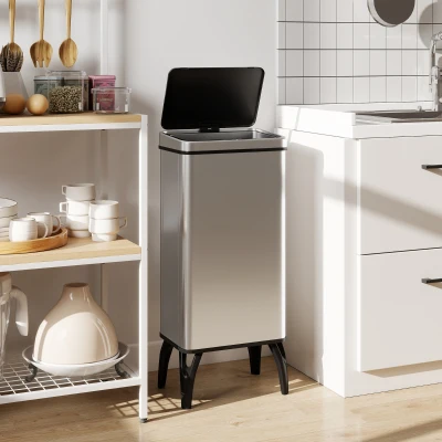 HOMCOM Cubo de Basura Cocina Automático 50L, Papelera de Cocina de Acero Inoxidable con Sensor Infrarrojo, Cierre Suave, Plata