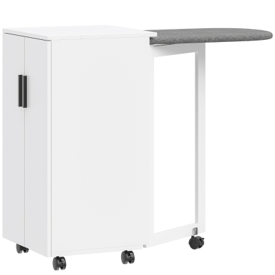 HOMCOM 2-in-1 faltbarer Bügelbrettschrank auf Rollen mit Bügelbrett und verstellbarem Regal für kleine Räume, Weiß