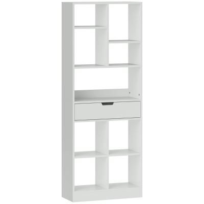 HOMCOM Bücherregal, Mehrzweckregal, 9 Fächer, Schublade, Kippschutz, 60 x 26 x 158 cm, Weiß