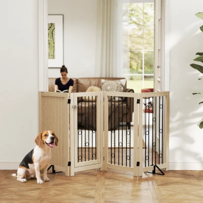 PawHut 4 Panel Pet Gate Lockable Door Indoor Oak