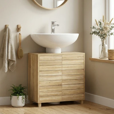 HOMCOM Mueble Bajo Lavabo con Estante Ajustable Puertas de Listones y Apertura por Presión para Lavabo con Pedestal o Pared