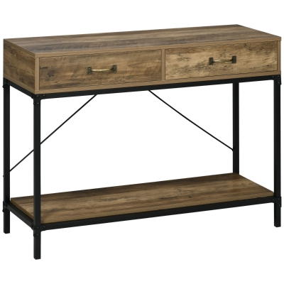 HOMCOM Mesa de Consola Industrial Mesa de Sofá con 2 Cajones y Estante para Recibidor con Patas de Metal Marrón y Negro
