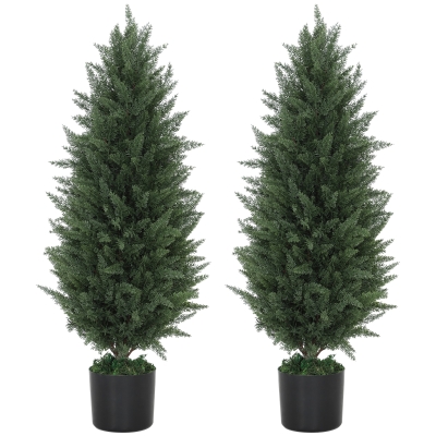 HOMCOM 2er-Set Künstliche Zypressen, Kunstbäume mit 831 Blättern, mit Zementtopf, UV-beständig, Kunstpflanze, 90 cm, Grün