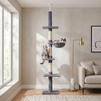 PawHut 5-Tier Cat Tree Adjustable Height 230-260cm Grey