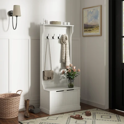 HOMCOM Perchero Zapatero con Banco de Almacenamiento 4 Ganchos Estilo Moderno 71,5x39,5x170 cm Blanco