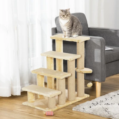 PawHut 4-Step Pet Stairs with Scratching Posts Beige