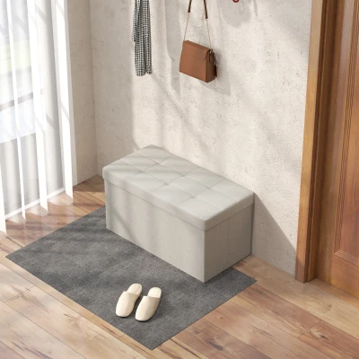 HOMCOM Puff Almacenaje, Banco Almacenaje Plegable 84 L 76x38x38 cm Tapizado en Lino Sintético Baúl de Almacenamiento Crema