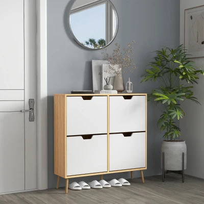HOMCOM Shoe Storage Cabinet 4 Flip Drawers Natural