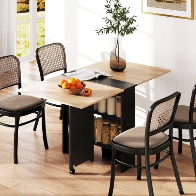 HOMCOM Mesa de Cozinha Dobrável Mesa de Madeira com 2 Prateleiras de Armazenamento e Rodas 75x140x74 cm Preto e Madeira