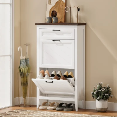 HOMCOM Shoe Cabinet 2 Flip Drawers Adjustable Shelves White