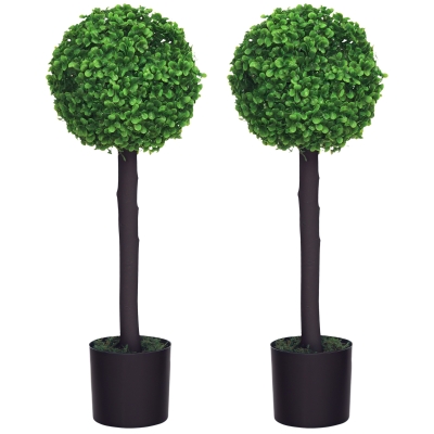 HOMCOM Set de 2 Arbustos Artificiales Decorativos 60cm Boj Sintético para Decoración Interior y Exterior Ø20x60 cm Verde