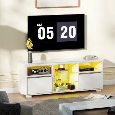 HOMCOM Meuble TV 120cm LED Télécommande Verre Blanc