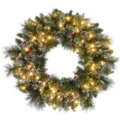 HOMCOM Weihnachtskranz mit LED-Beleuchtung, roten Beeren, realistisches Aussehen, Ø60 x 10 cm, Grün