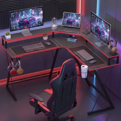 HOMCOM Mesa Gaming Esquinero con Enchufes en Forma de L 128x128 cm con Soporte para Monitor Gancho y Portavasos Negro