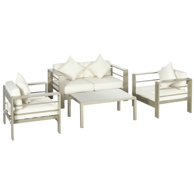 Outsunny 4 Pieces Outdoor Garden Furniture Set - Aluminium Frame Backyard Furniture with Thick Padded Cushions for Loveseat, 2 Chairs, and Glass Top Table, Champagne Gold