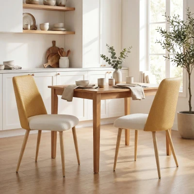 HOMCOM Juego de 2 Sillas de Cocina con Respaldo de PU de Imitación Ratán Patas de Acero y Asiento Acolchado Marrón y Beige