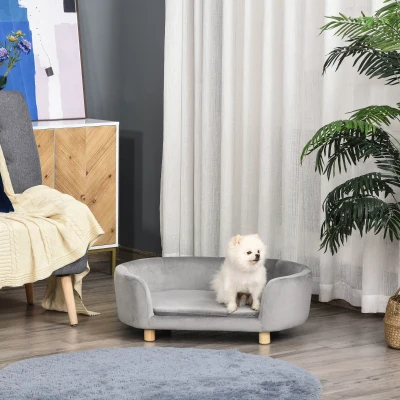 PawHut Sofá para Perros Pequeños con Patas de Madera Funda Lavable y Cojín Desmontable 86x55x33 cm Gris Claro