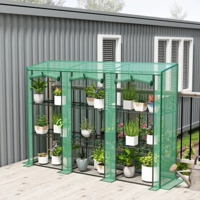 Outsunny Invernadero de Exterior de 3 Niveles con Puerta Enrollable con Cremallera 9 Estantes Cubierta de PE 215x46x151cm Verde