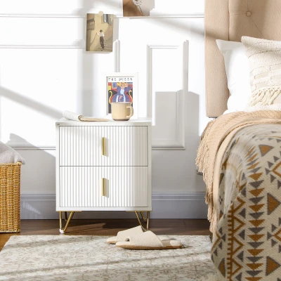 HOMCOM Mesilla de Noche con 2 Cajones Mesita de Noche Mesita Auxiliar con Patas de Metal para Dormitorio 40x40x47 cm Blanco