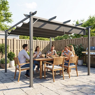 Outsunny Pérgola de Jardín 3x3 m con Techo Retráctil Protección UPF30+ Drenaje Marco de Aluminio para Patio Exterior Gris Oscuro