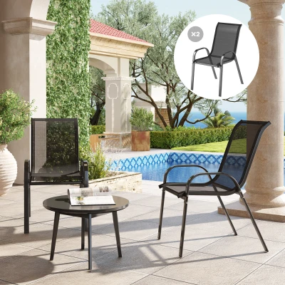 Outsunny Lot 2 Chaises Jardin Empilables Tissu Maille Cadre Acier Noir