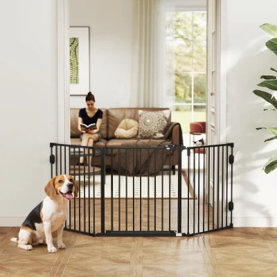 PawHut Barriere de securite chien pliable avec porte en acier 3 panneaux modulable fermeture automatique 202,5 x 2 x 76 cm noir