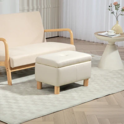 HOMCOM Baúl de Almacenaje para Dormitorio 33L Tapizado en PU Banco de Almacenaje con Patas de Madera 60x38x40 cm Crema