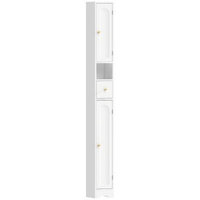 HOMCOM Badezimmerschrank schmaler Badschrank mit Schublade gewölbten Türen offenem Fach verstellbare Ablage 20x20x185 cm Weiß