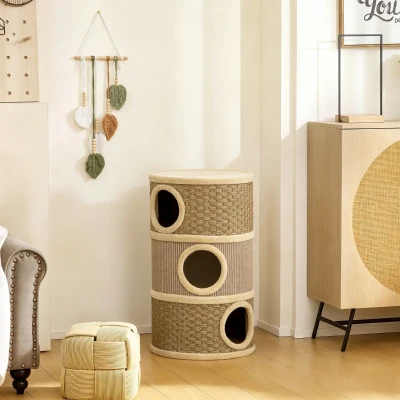 PawHut Tonneau Griffoir 79cm Ø45cm 3 Étages Sisal Kaki/Marron