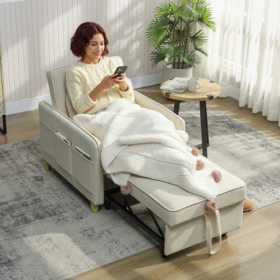 HOMCOM Sillón Cama Individual 3 en 1 Sofá Cama Plegable con Respaldo Ajustable y Cojín para Salón 74x85,5x82 cm Beige