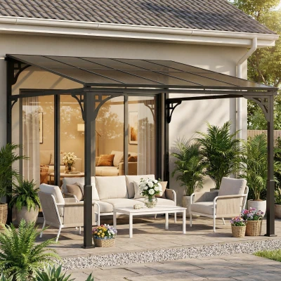 Outsunny Wall-Mounted Metal Pergola Polycarbonate Roof 3x2.87m