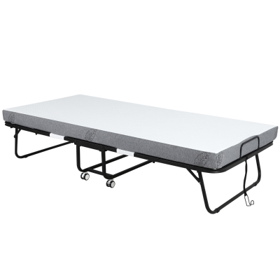 HOMCOM Cama Plegable 200x90 cm con 4 Ruedas, Cama de Camping Portátil, con Colchón Individual de 10 cm, Marco de Acero, Carga 150 kg, para Dormitorio, Salón, Oficina, Blanco
