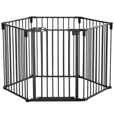 PawHut Dog Safety Gate 6-Panel Playpen Fireplace Christmas Tree Steel Fence Stair Barrier Room Divider Black