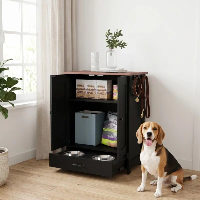 PawHut Pet Feeding Station with Storage Cabinet Black