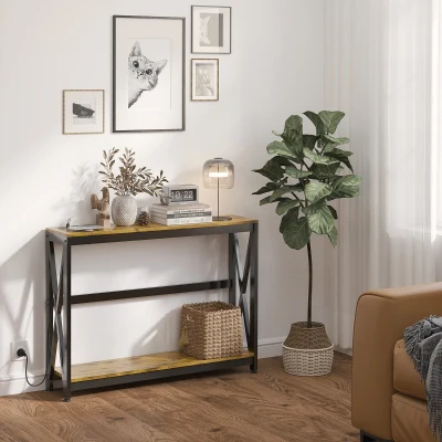 HOMCOM Mesa de Entrada de 2 Niveles con Estación de Carga 2 USB y Marco de Acero Mueble de Recibidor 100x24x75cm Marrón Rústico