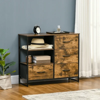 HOMCOM Cómoda de Salón con 4 Cajones de Tela Plegable y 2 Estantes Estilo Industrial 84x30x71,5 cm Marrón Rústico