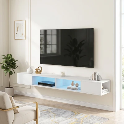 HOMCOM Mueble de TV Suspendido con Luces LED con Estantes Abiertos para Televisión 75 Pulgadas 177,8x30x18 cm Blanco