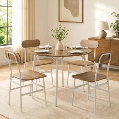 HOMCOM Juego de Mesa y 4 Sillas de Comedor Estilo Industrial Marco Metálico para Espacios Pequeños Salón Natural y Blanco