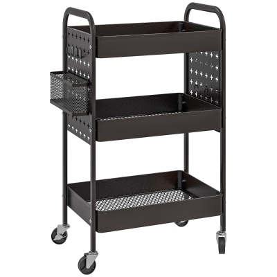 HOMCOM Mehrzweckwagen Rollwagen Küchenwagen, 3 Regale, 4 Rollen, 53,5 cm x 30,5 cm x 75 cm, Schwarz
