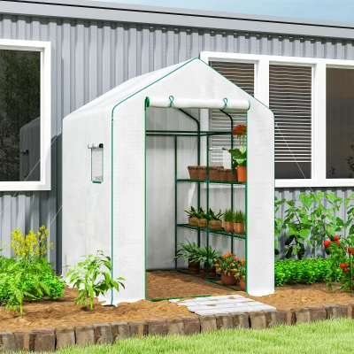 Outsunny Serre Jardin PE Blanc 140x143x190cm avec Étagères 3 Niveaux