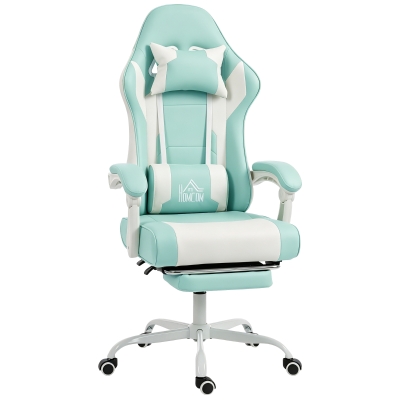 HOMCOM Silla Gamer con Lumbar Masaje Vibración Reclinable 155° Altura Ajustable Reposacabezas y Reposapiés Retráctil Azul