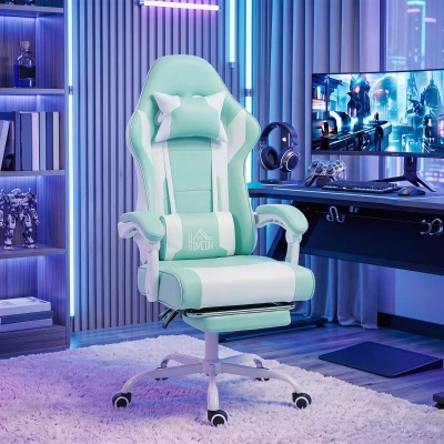 HOMCOM Silla Gamer con Lumbar Masaje Vibración Reclinable 155° Altura Ajustable Reposacabezas y Reposapiés Retráctil Azul