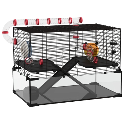 PawHut Gerbil Cage with Tunnels, Ramps & Exercise Wheel 78.5cm