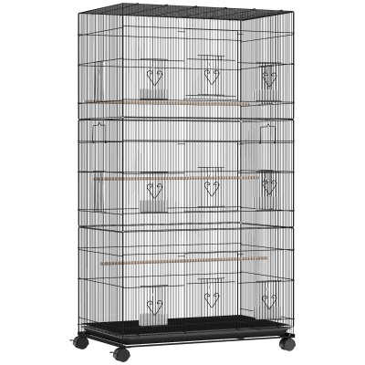 PawHut Colivie Mare pentru Păsări cu Roți 6 Hrănitoare Tavă Detașabilă Uși Multiple 3 Bârne 77x46,5x141 cm Negru
