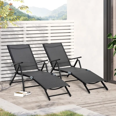 Outsunny Lot de 2 Chaises Longues Pliantes Aluminium Noir