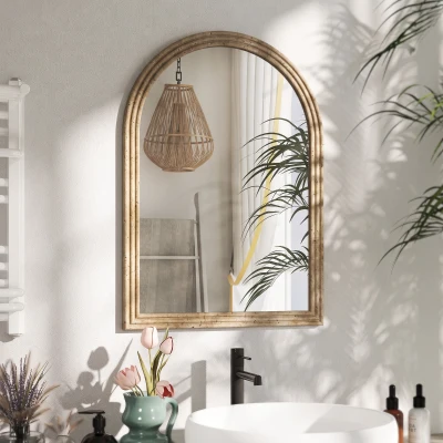 HOMCOM Arched Wall-Mounted Mirror Grooved Edge Brown