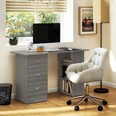 HOMCOM Bureau Réversible 120cm avec Tiroirs et Étagères Gris