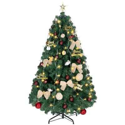 HOMCOM Árbol de Navidad 150 cm con Adornos 150 Luces LED Blanco Cálido 8 Modos de Iluminación 480 Ramas Verde