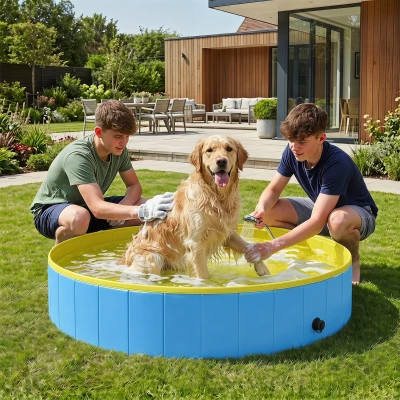 PawHut Foldable Dog Pool Bath Tub 140x30cm Blue