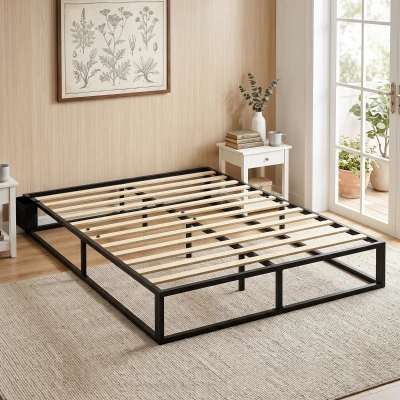 HOMCOM Cadru de pat 140 x 190 cm cu somier, pat dublu cu buzunar de depozitare, suport cu lamele din lemn, negru